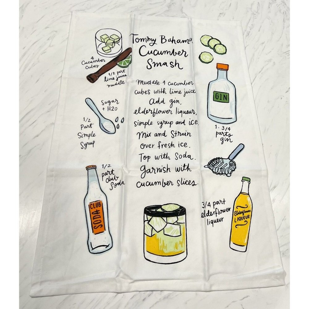 Tommy Bahama Kitchen Tea Towel Cucumber Smash Recipe 17"x26” Bar Ware Cotton NWT